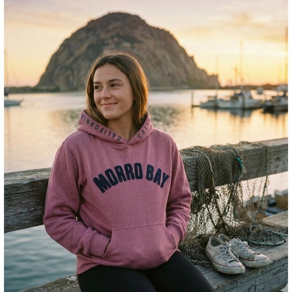 Morro Bay California Hoodie Sweatshirt Pink With Navy Letters Small Nice Brand K